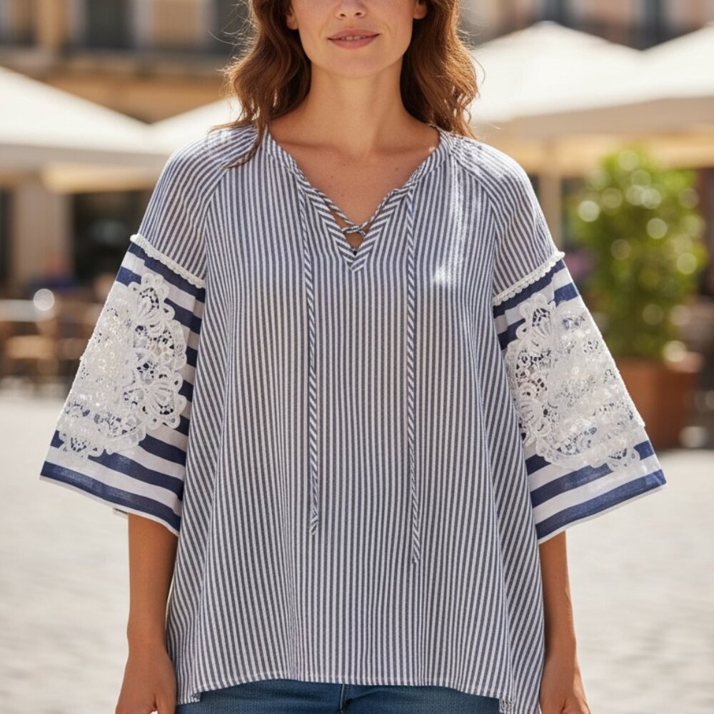 Jupe Top Women Blue White Size M Bell Sleeve Nautica Boho Cottagecore Fairy Lace